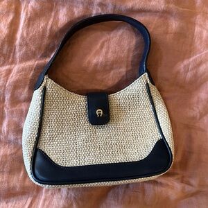Vintage Etienne Aigner woven straw mini bag with navy leather trim